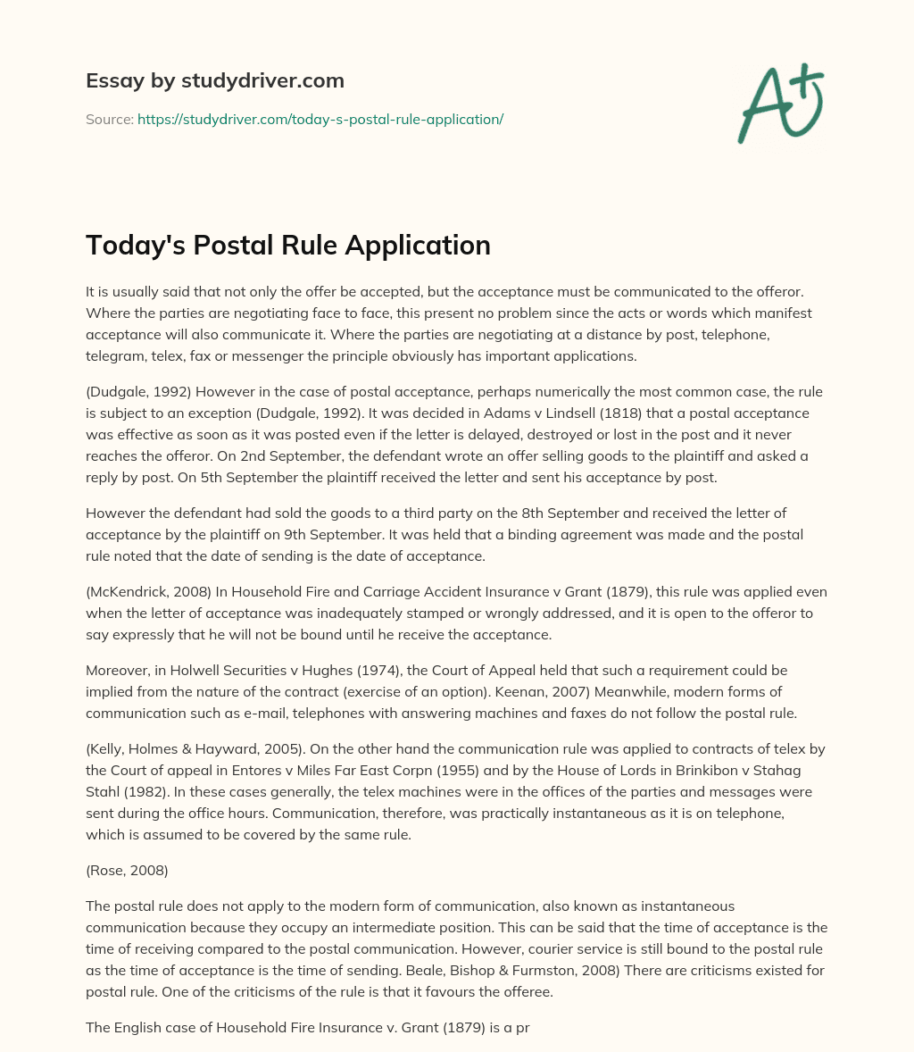 Today’s Postal Rule Application essay