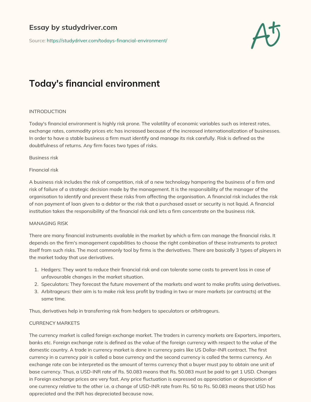 Today’s Financial Environment essay