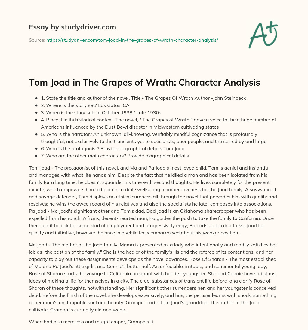 Tom Joad in the Grapes of Wrath: Character Analysis essay