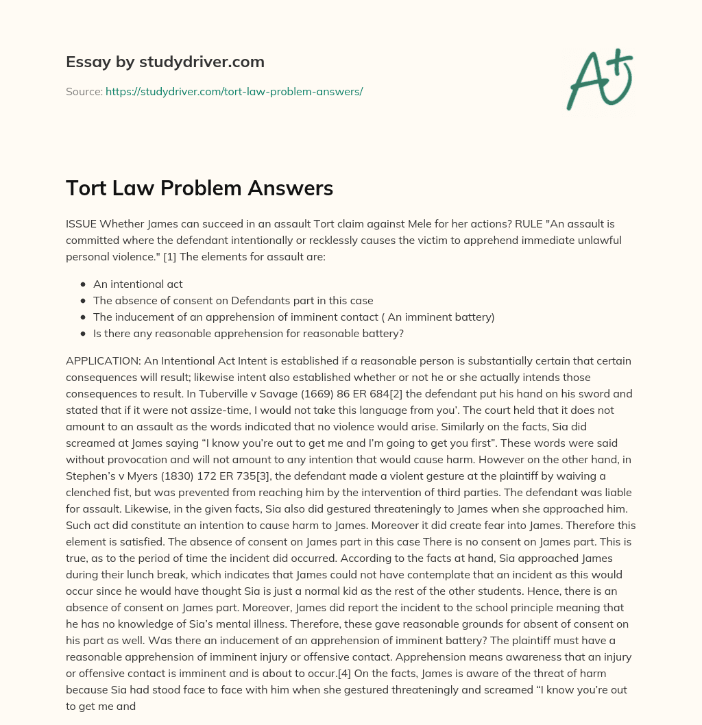 Tort Law Problem Answers essay