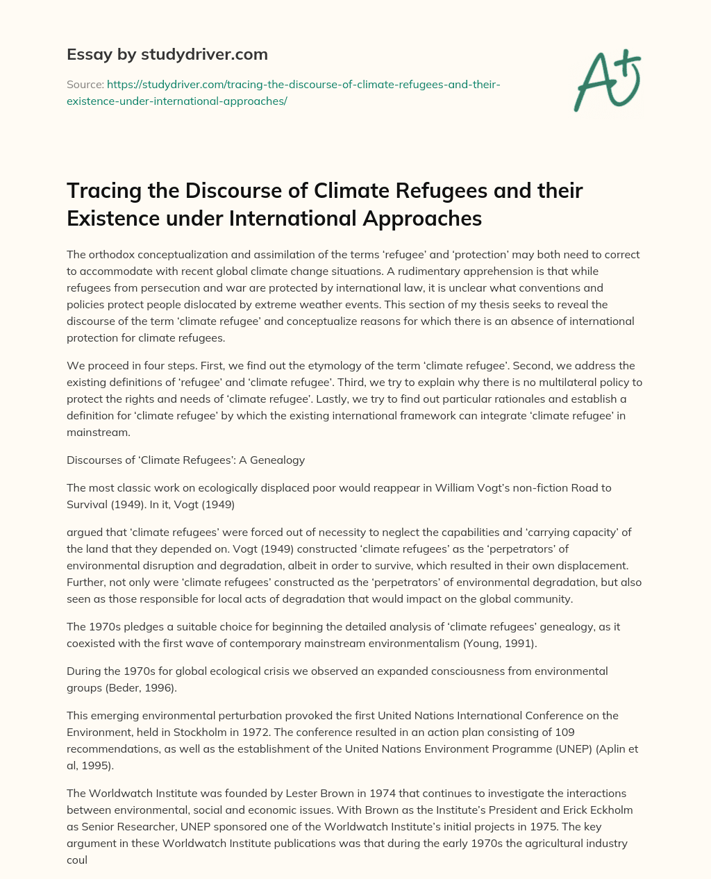 Tracing the Discourse of Climate Refugees and their Existence under International Approaches essay