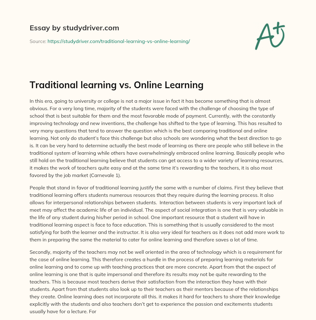 traditional learning vs online learning compare and contrast essay
