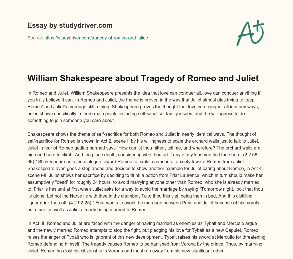 William Shakespeare about Tragedy of Romeo and Juliet essay