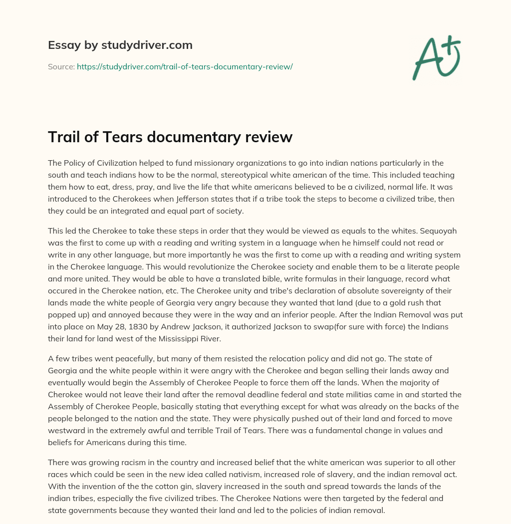 Trail of Tears Documentary Review essay