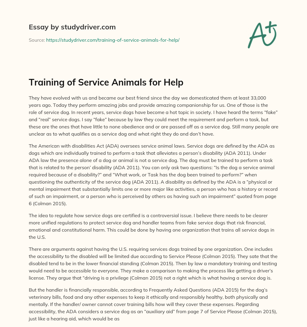 Training of Service Animals for Help essay