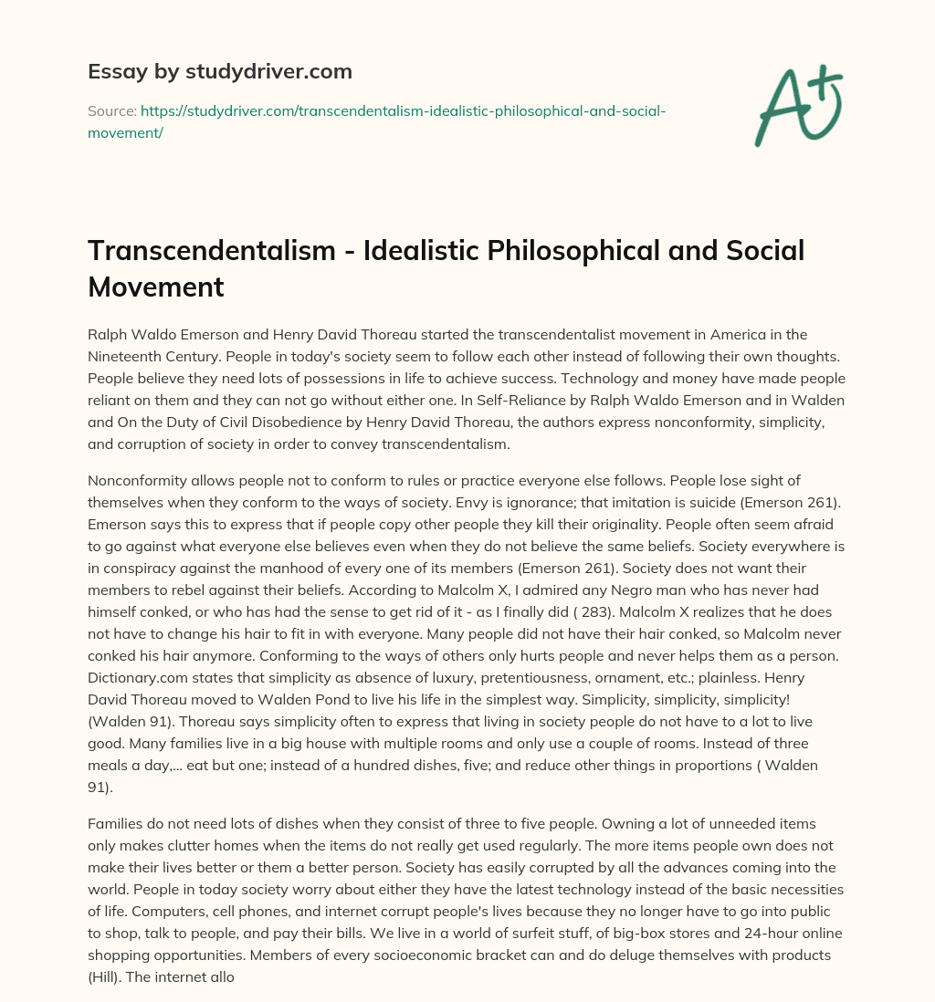 Transcendentalism – Idealistic Philosophical and Social Movement essay