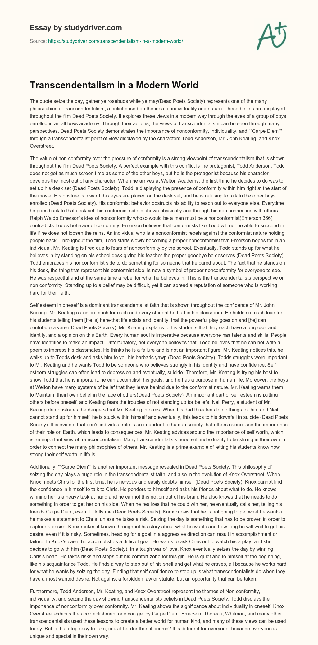 Transcendentalism in a Modern World essay