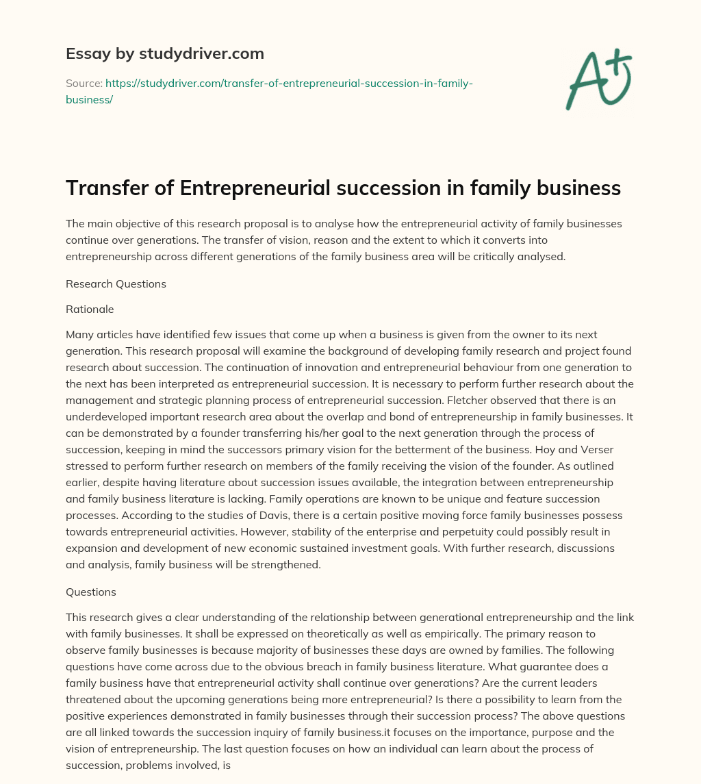 Transfer of Entrepreneurial Succession in Family Business essay