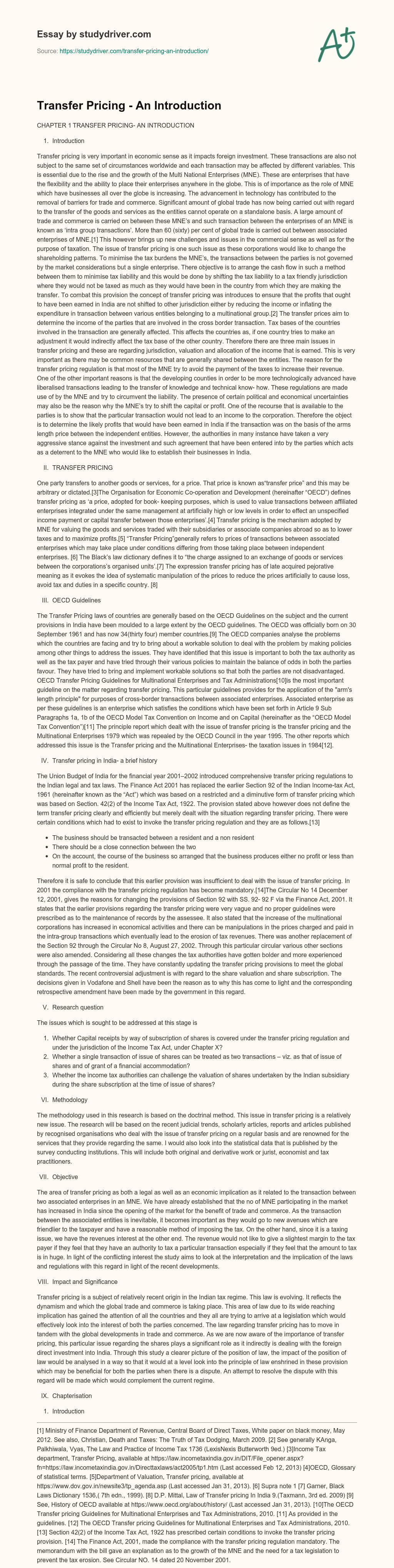 Transfer Pricing – an Introduction essay