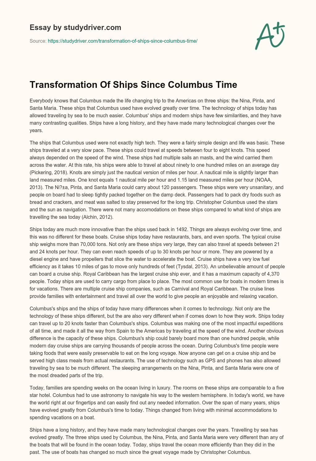 Transformation of Ships Since Columbus Time essay