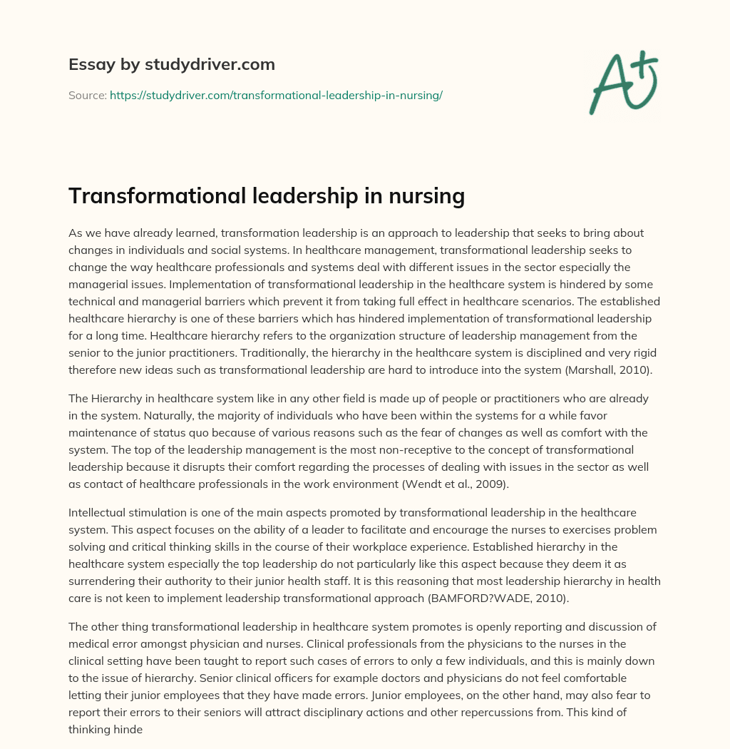 Transformational Leadership in Nursing essay