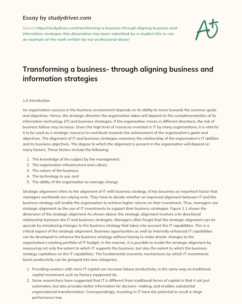 Transforming a Business- through Aligning Business and Information Strategies essay