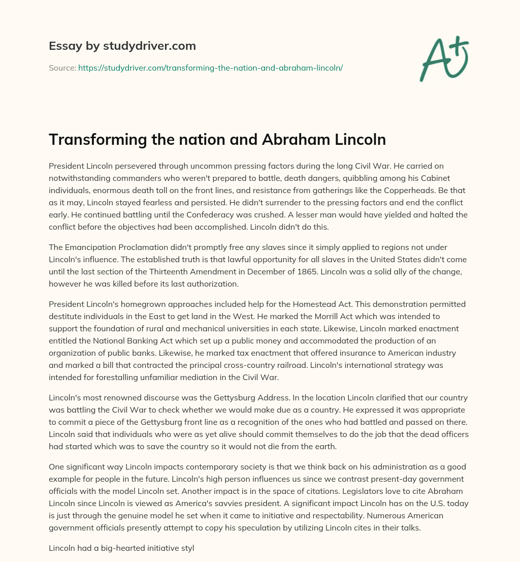 Transforming the Nation and Abraham Lincoln essay