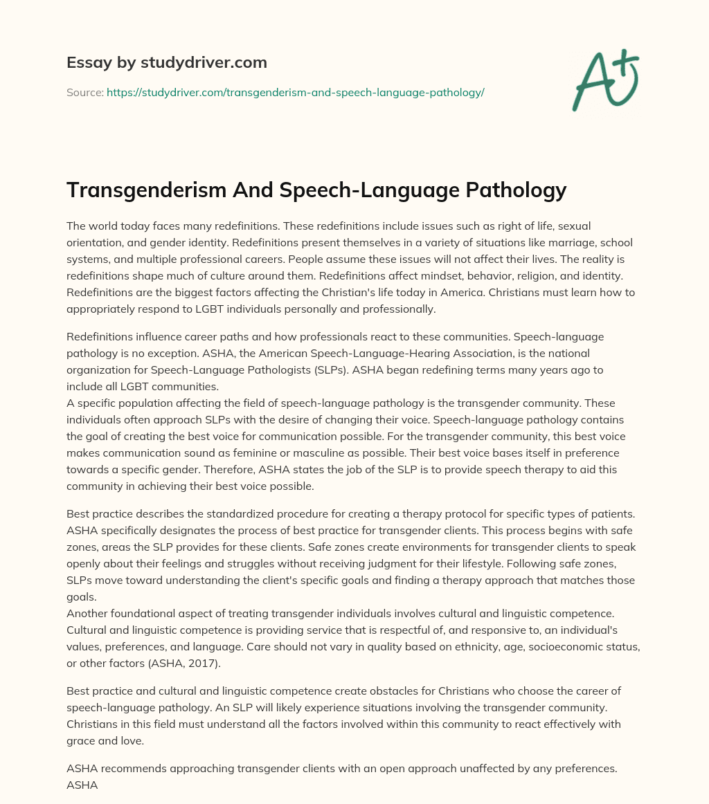 Transgenderism and Speech-Language Pathology essay