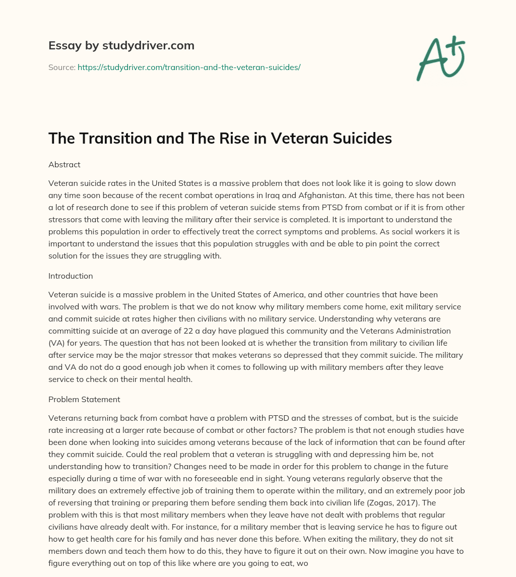 The Transition and the Rise in Veteran Suicides essay