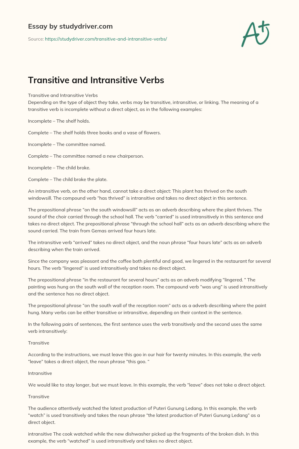 Transitive and Intransitive Verbs essay