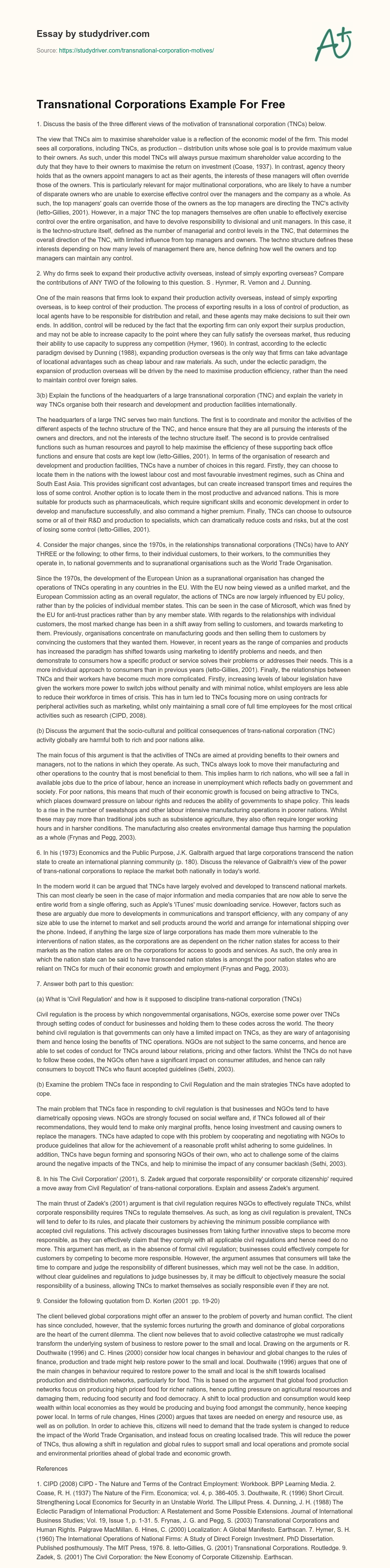 Transnational Corporations Example for Free essay