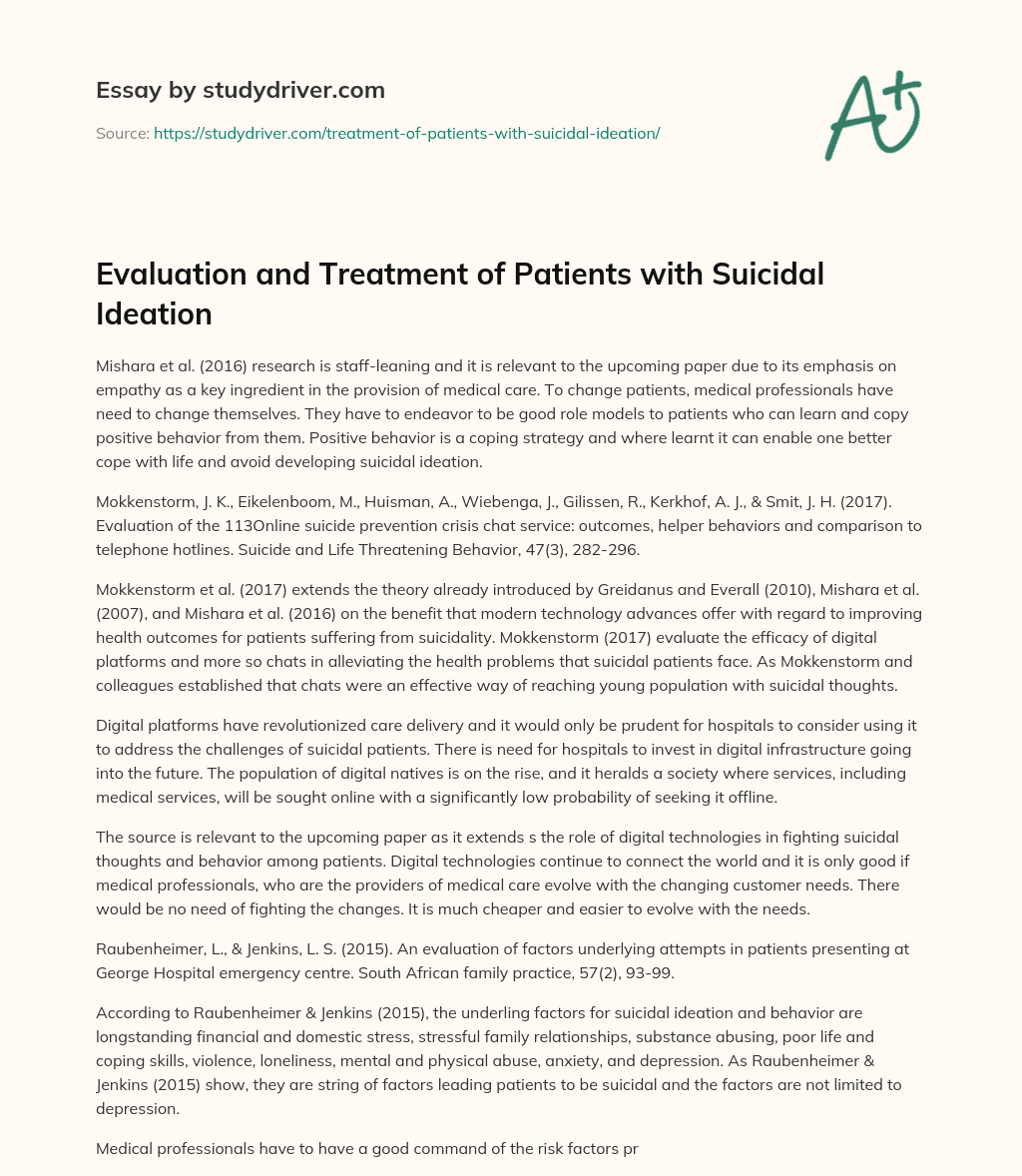 Evaluation and Treatment of Patients with Suicidal Ideation essay