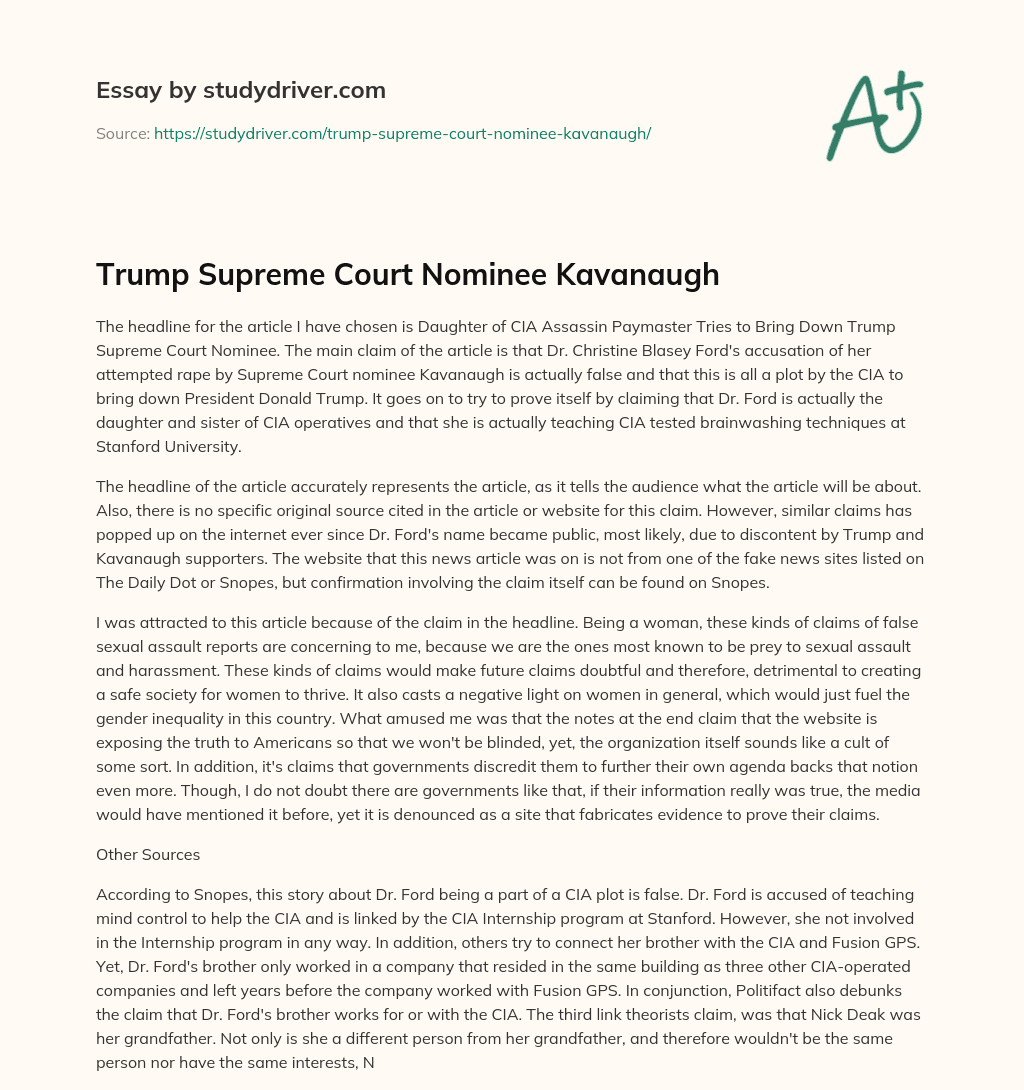 Trump Supreme Court Nominee Kavanaugh essay