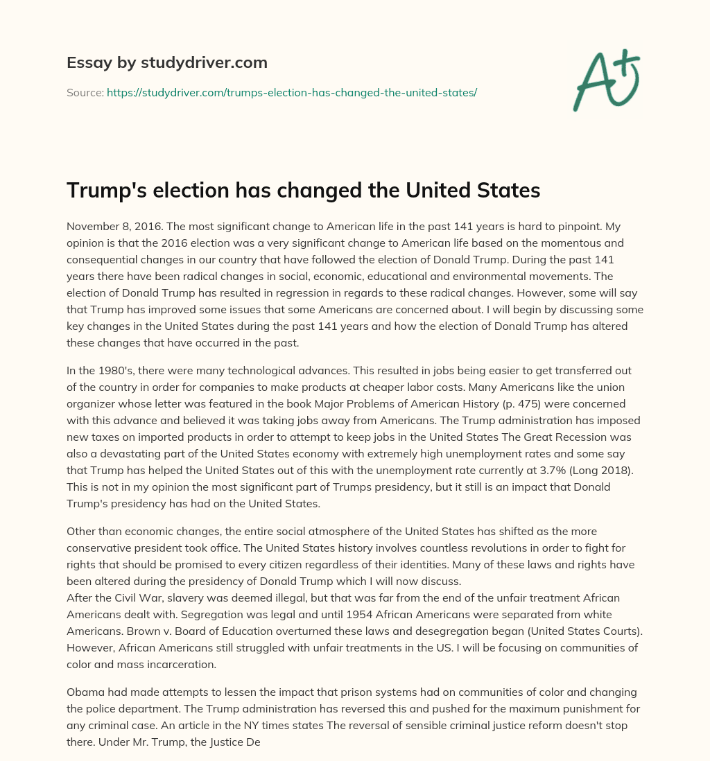 Trump’s Election has Changed the United States essay