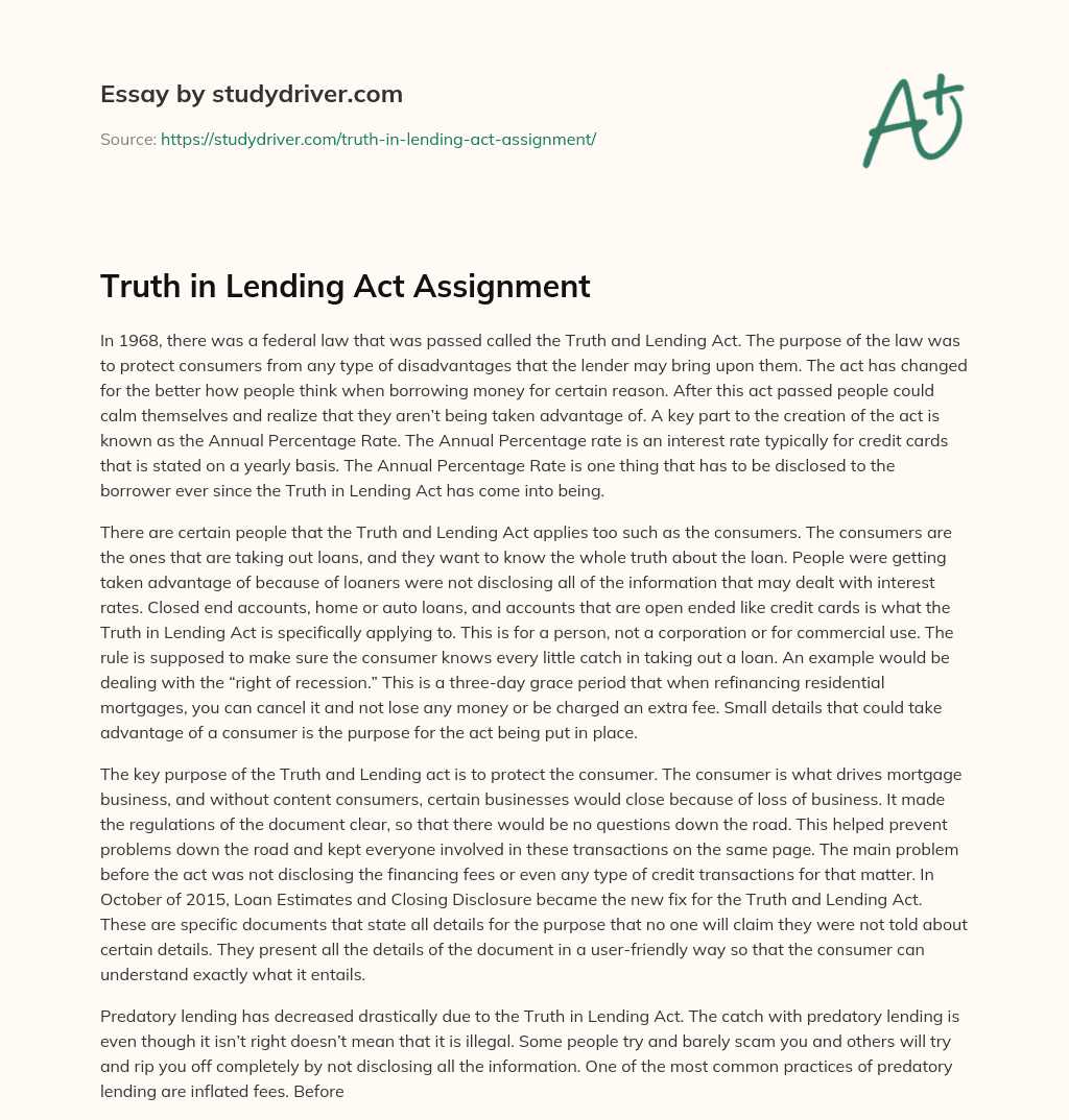 Truth in Lending Act Assignment essay