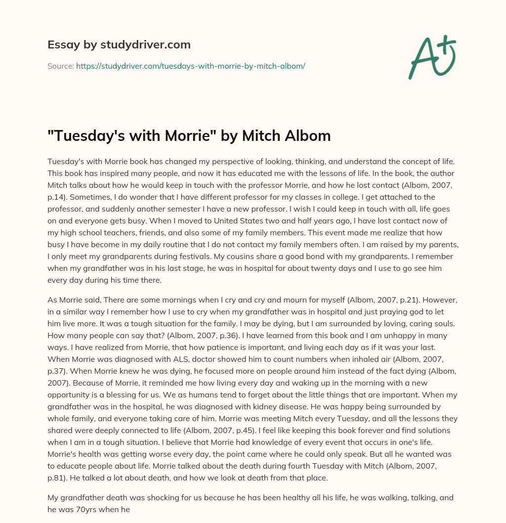 “Tuesday’s with Morrie” by Mitch Albom essay