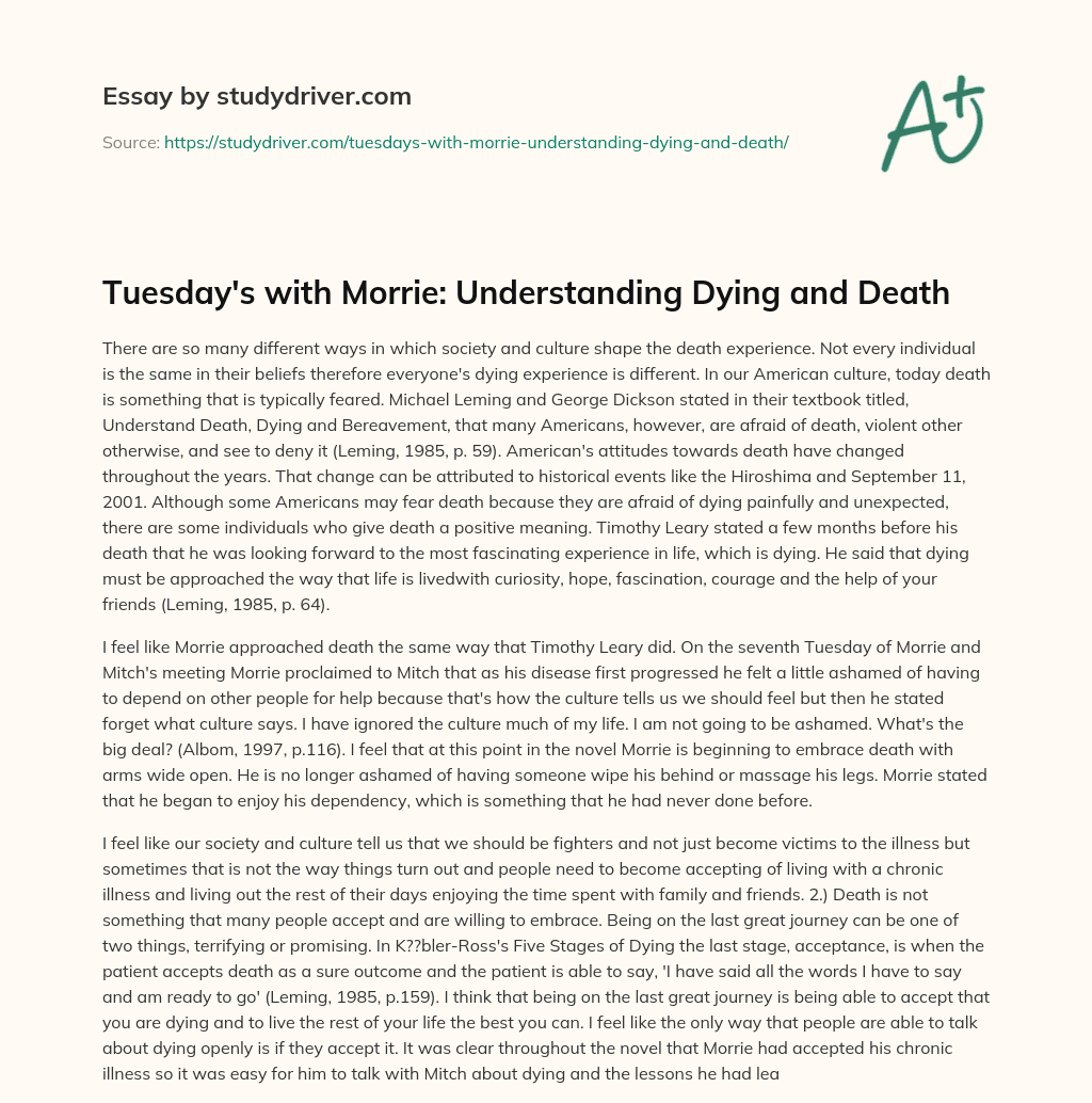 Tuesday’s with Morrie: Understanding Dying and Death essay