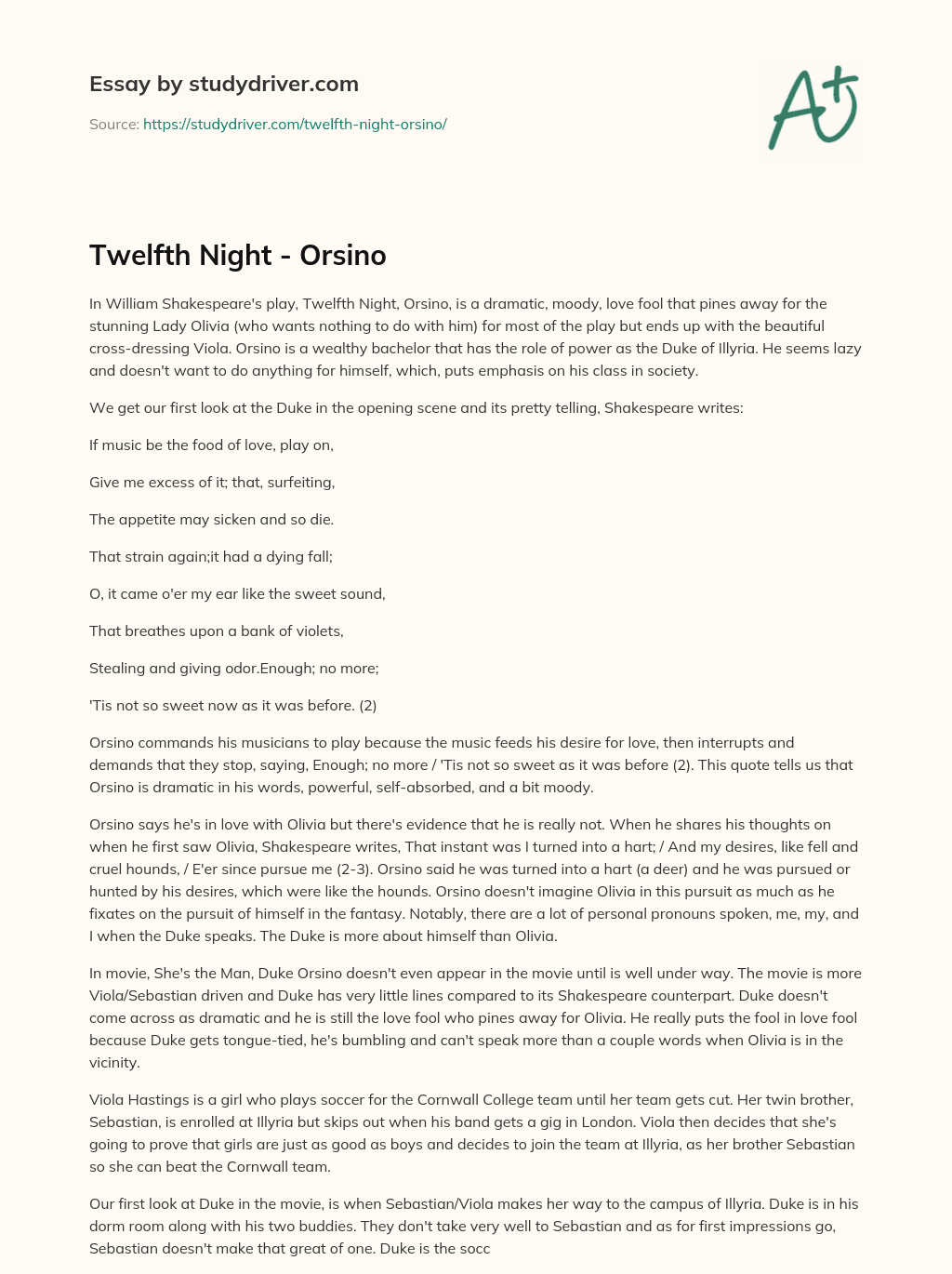Twelfth Night – Orsino essay