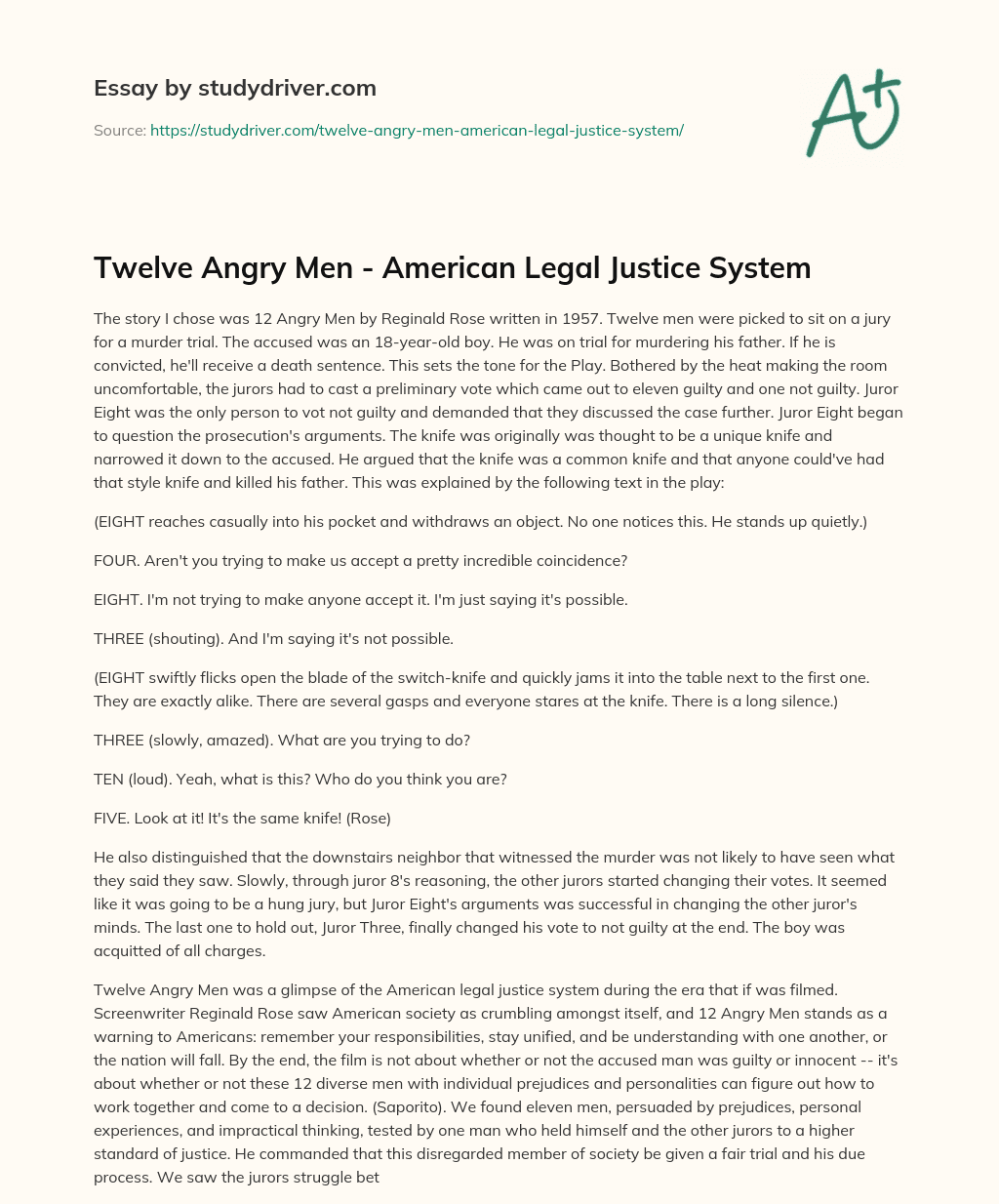 Twelve Angry Men – American Legal Justice System essay