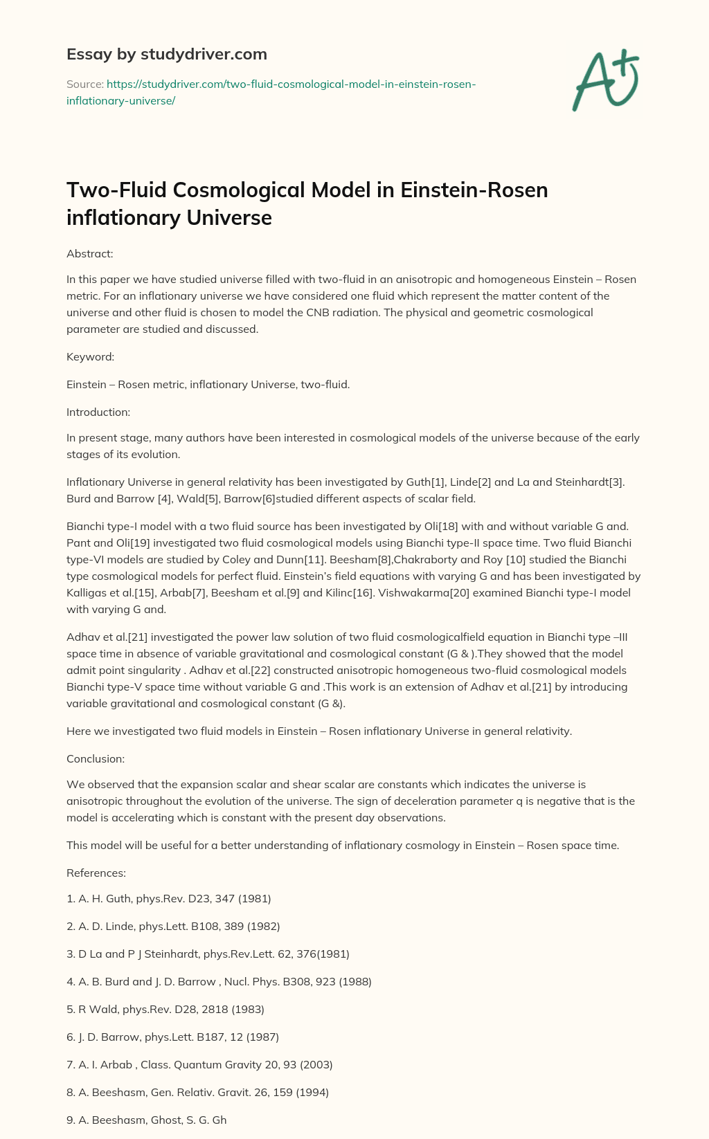 Two-Fluid Cosmological Model in Einstein-Rosen Inflationary Universe essay