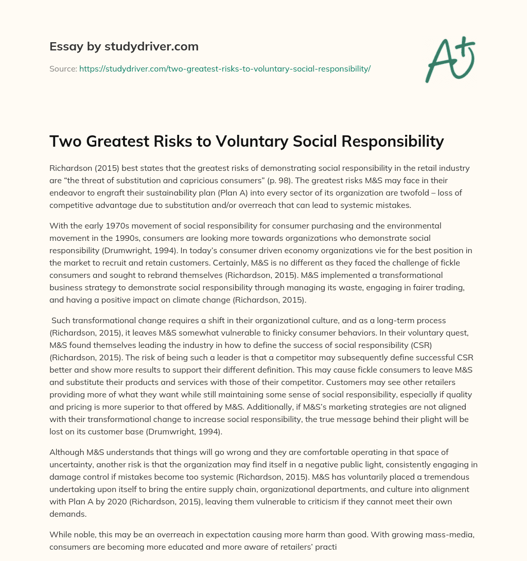 Two Greatest Risks to Voluntary Social Responsibility essay