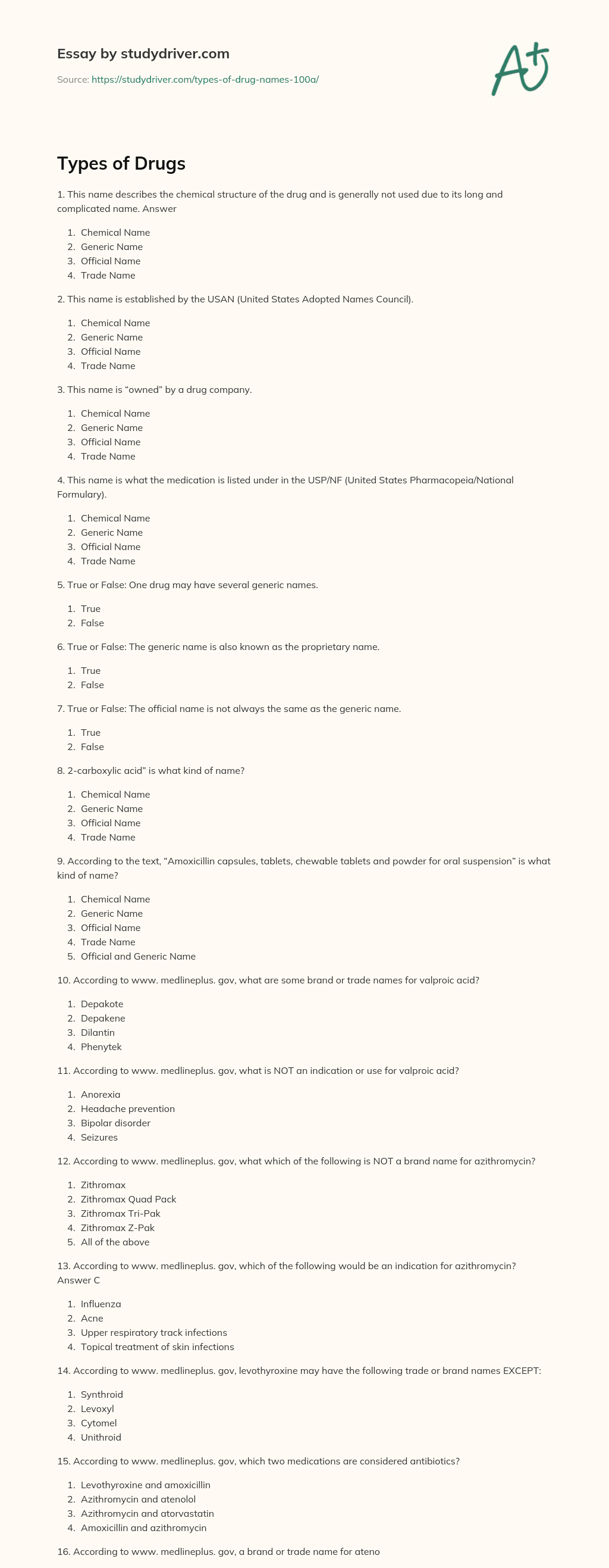 Types of Drugs essay