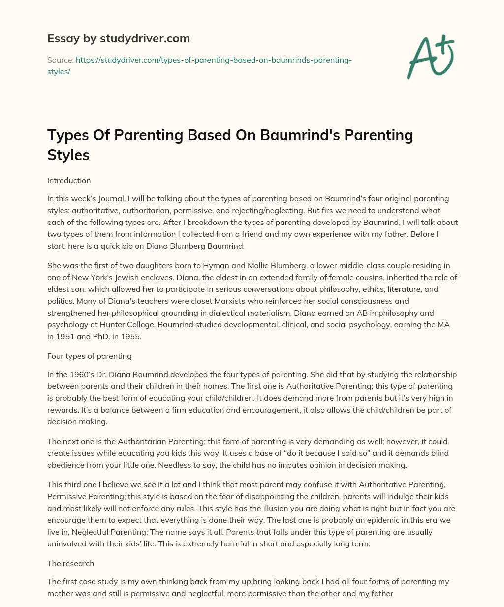 Types of Parenting Based on Baumrind’s Parenting Styles essay