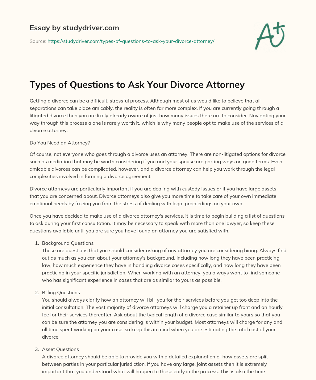 Types of Questions to Ask your Divorce Attorney essay