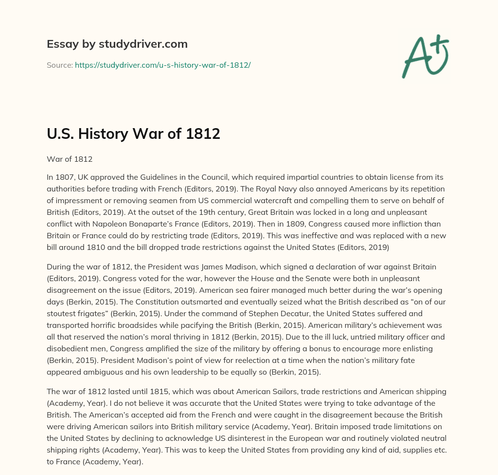 U.S. History War of 1812 essay