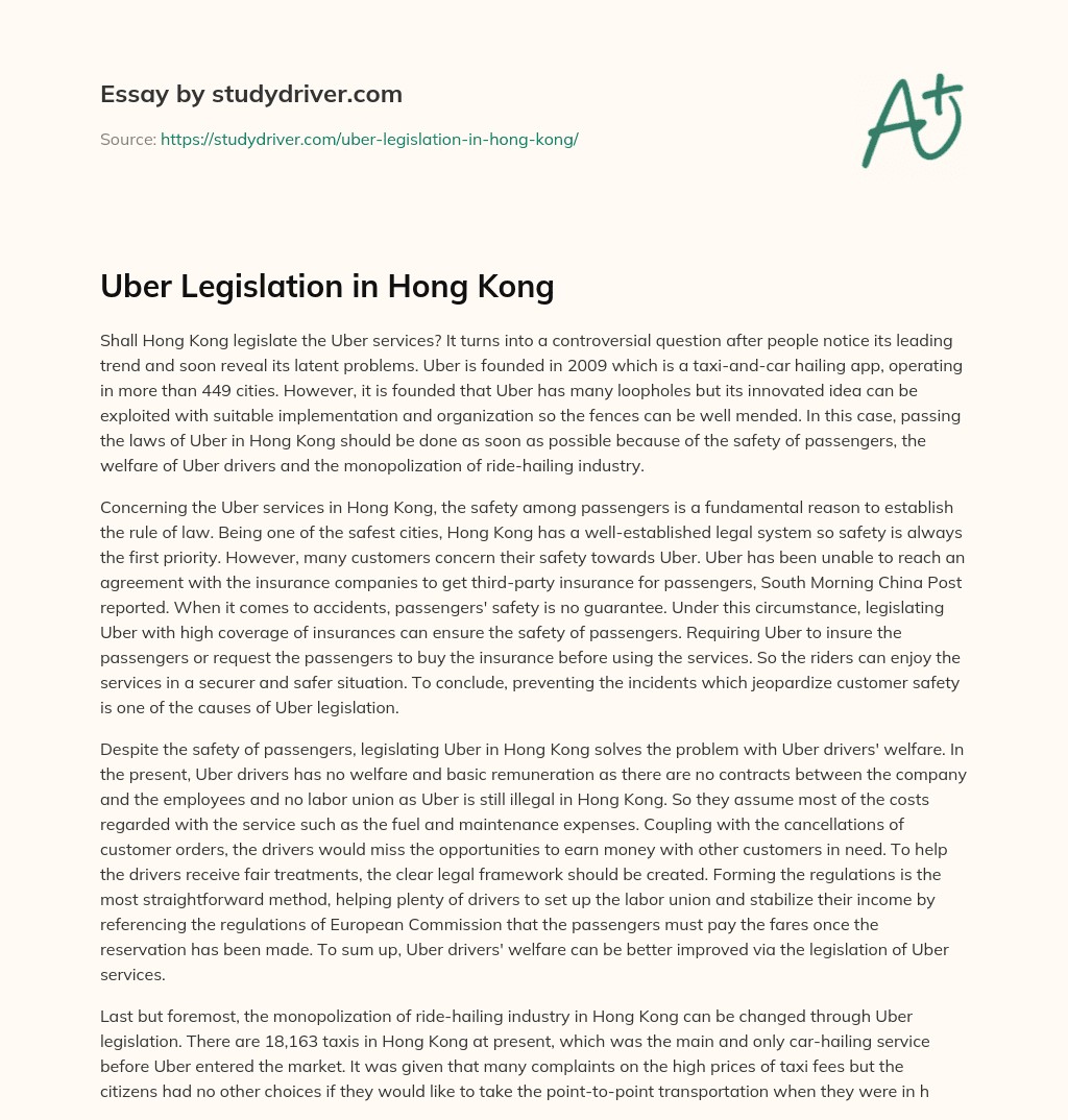 Uber Legislation in Hong Kong essay