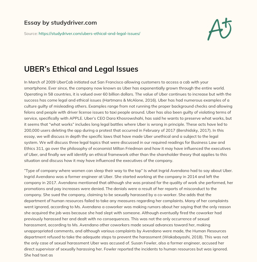 UBER’s Ethical and Legal Issues essay
