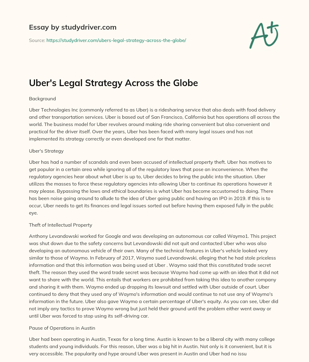 Uber’s Legal Strategy Across the Globe essay