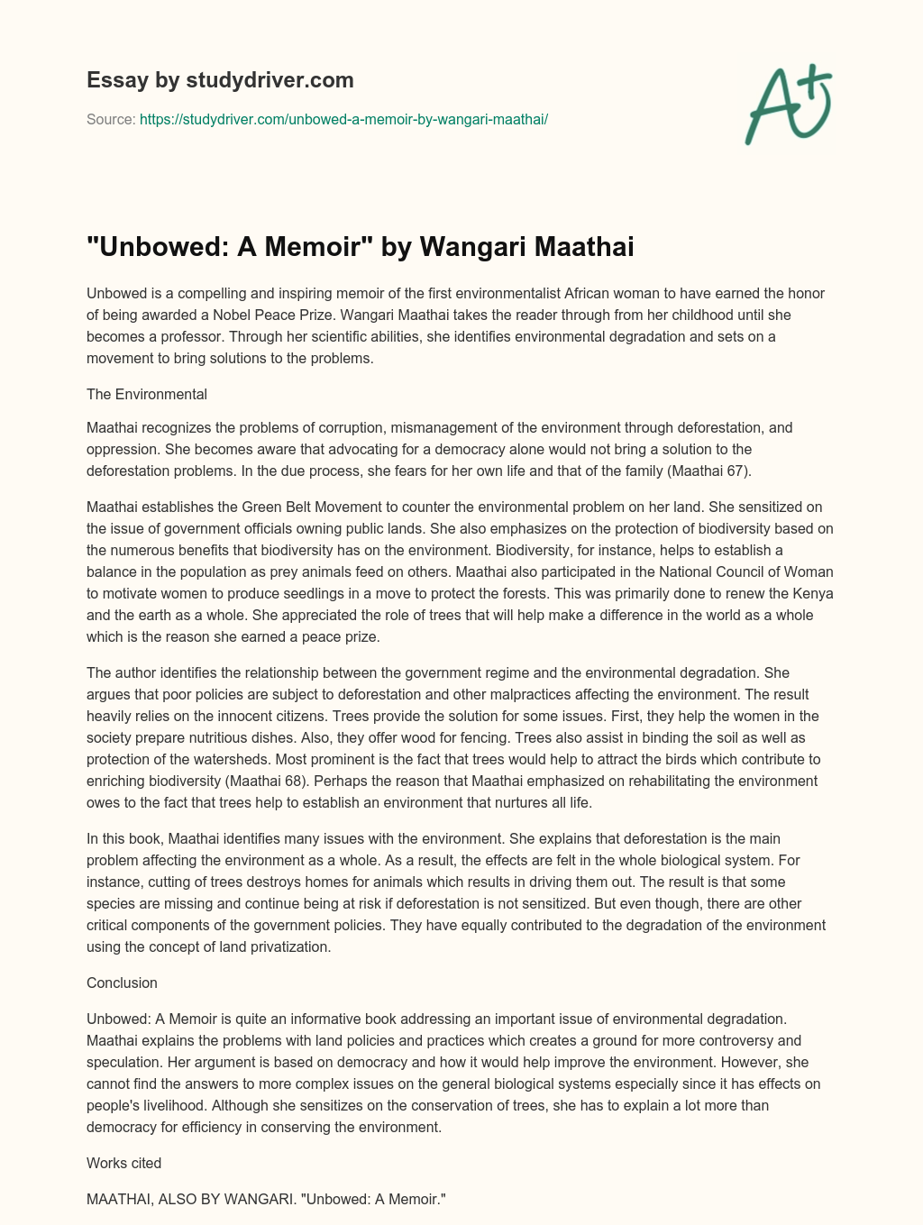 “Unbowed: a Memoir” by Wangari Maathai essay