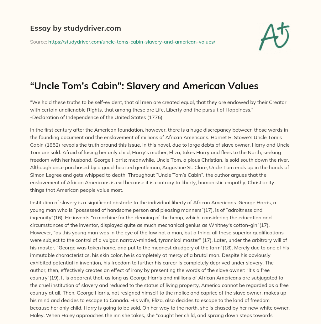 “Uncle Tom’s Cabin”: Slavery and American Values essay