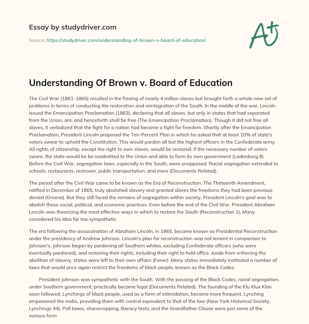 Understanding of Brown V. Board of Education essay