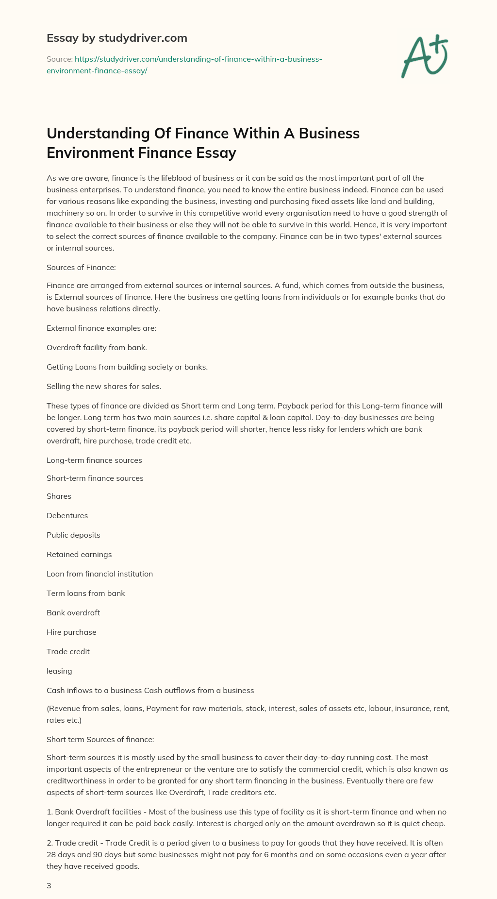 Understanding of Finance Within a Business Environment Finance Essay essay