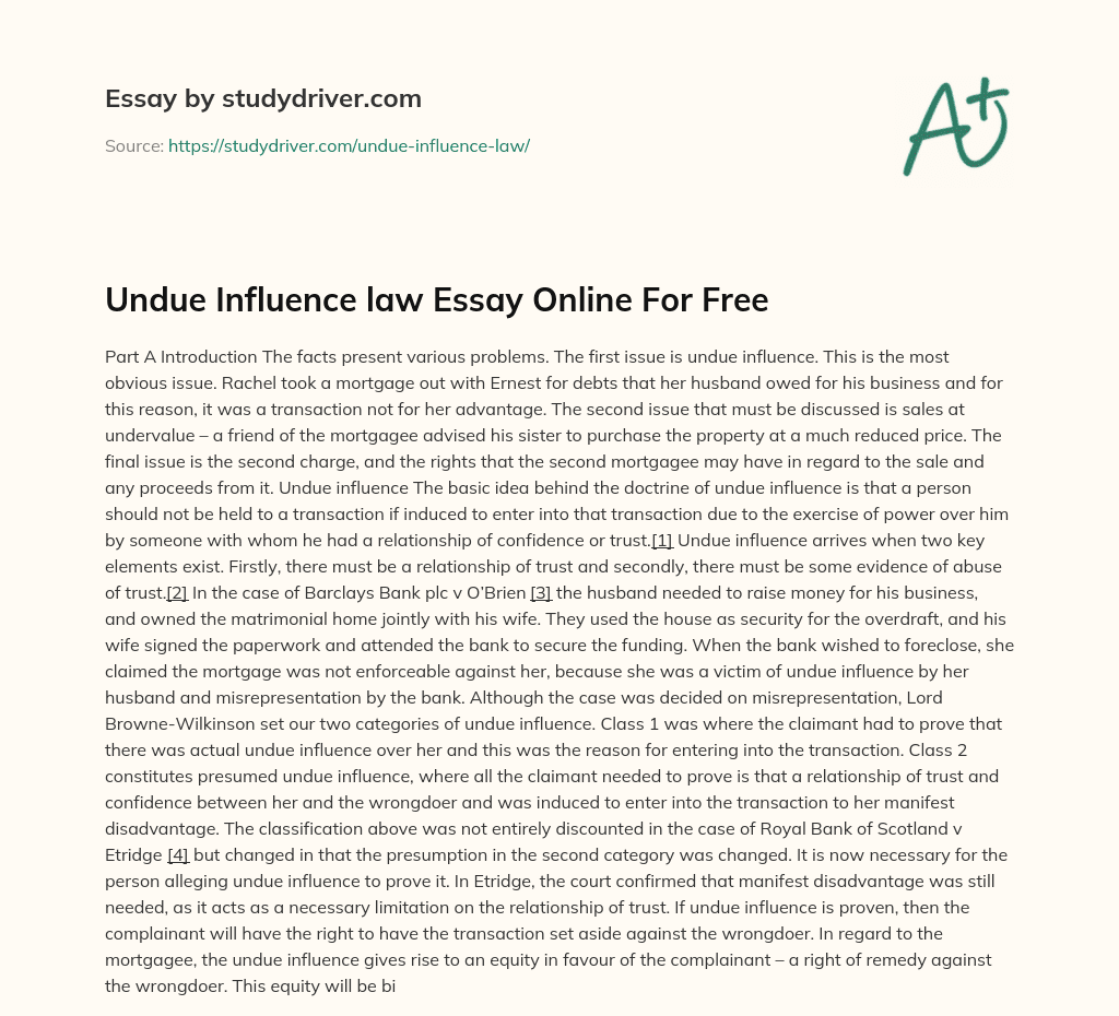 Undue Influence Law Essay Online for Free essay