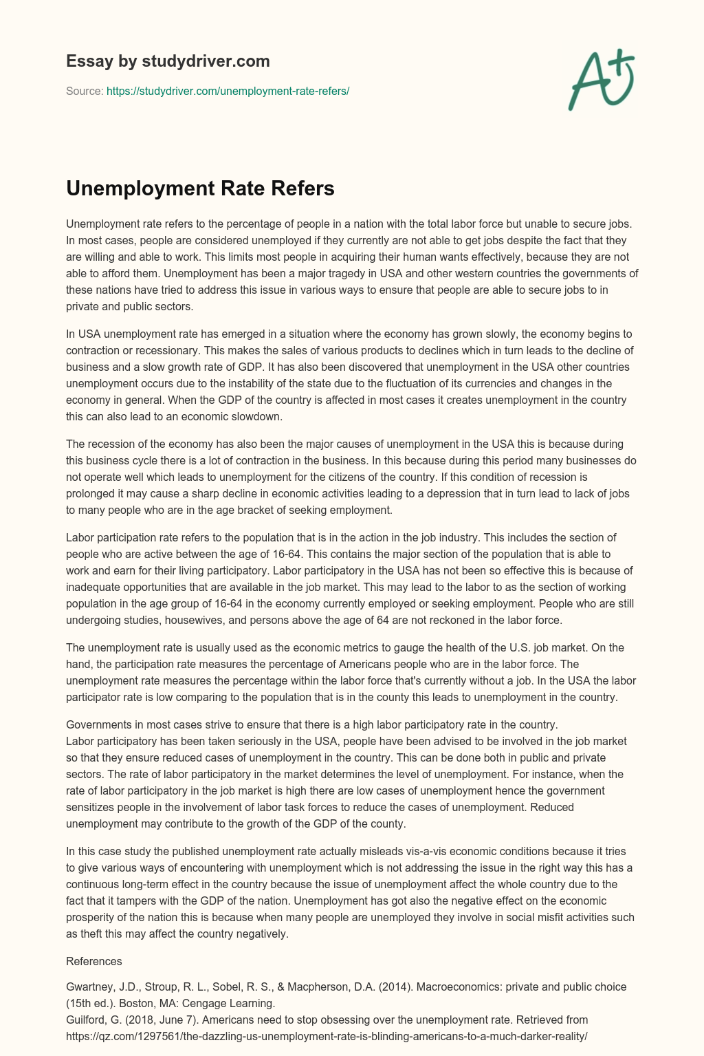 Unemployment Rate Refers essay