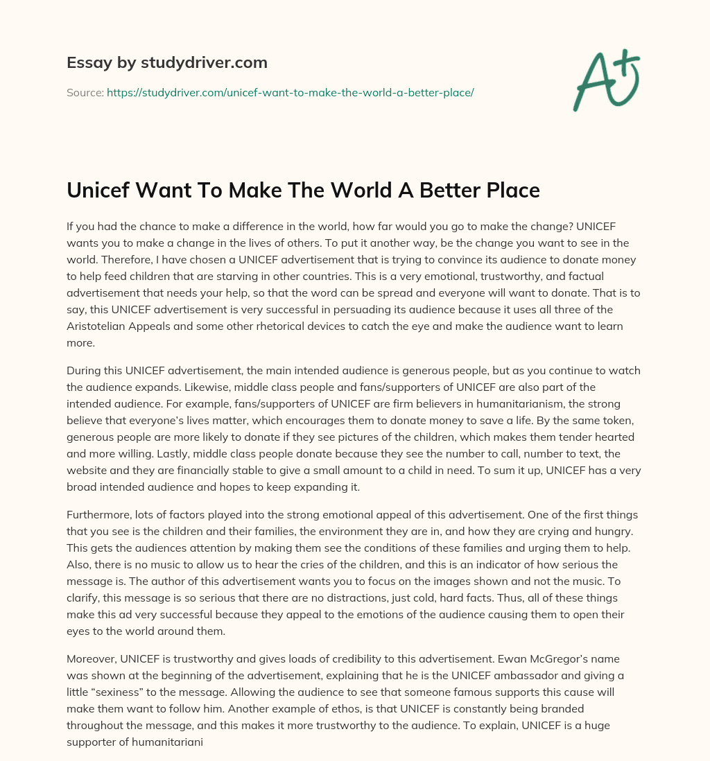 Unicef Want to Make the World a Better Place essay