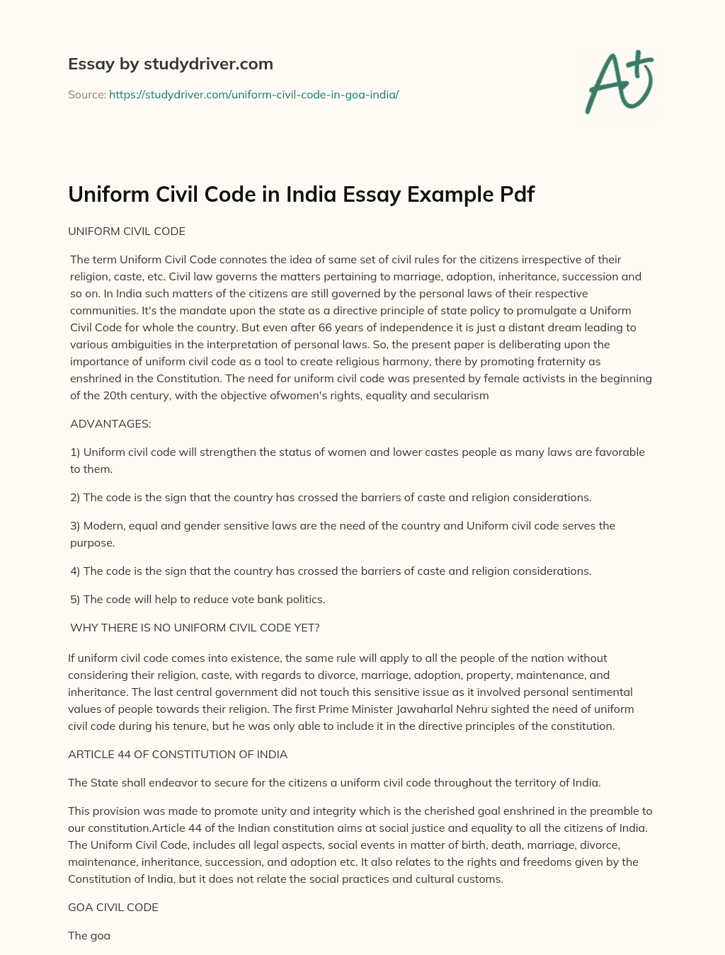 Uniform Civil Code in India  Essay Example Pdf essay