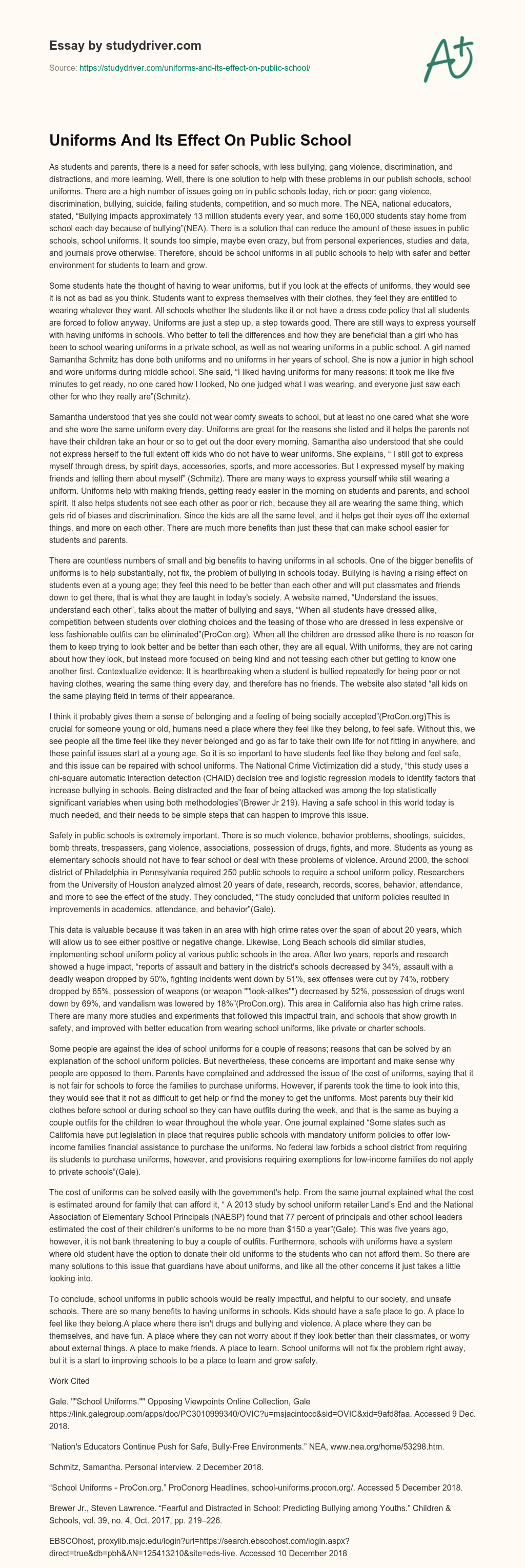 Uniforms and its Effect on Public School essay