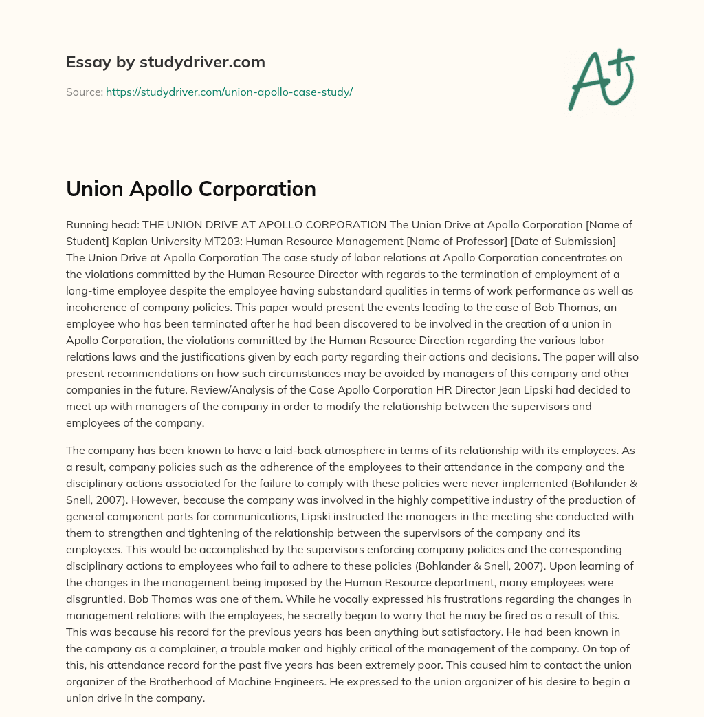 Union Apollo Corporation essay