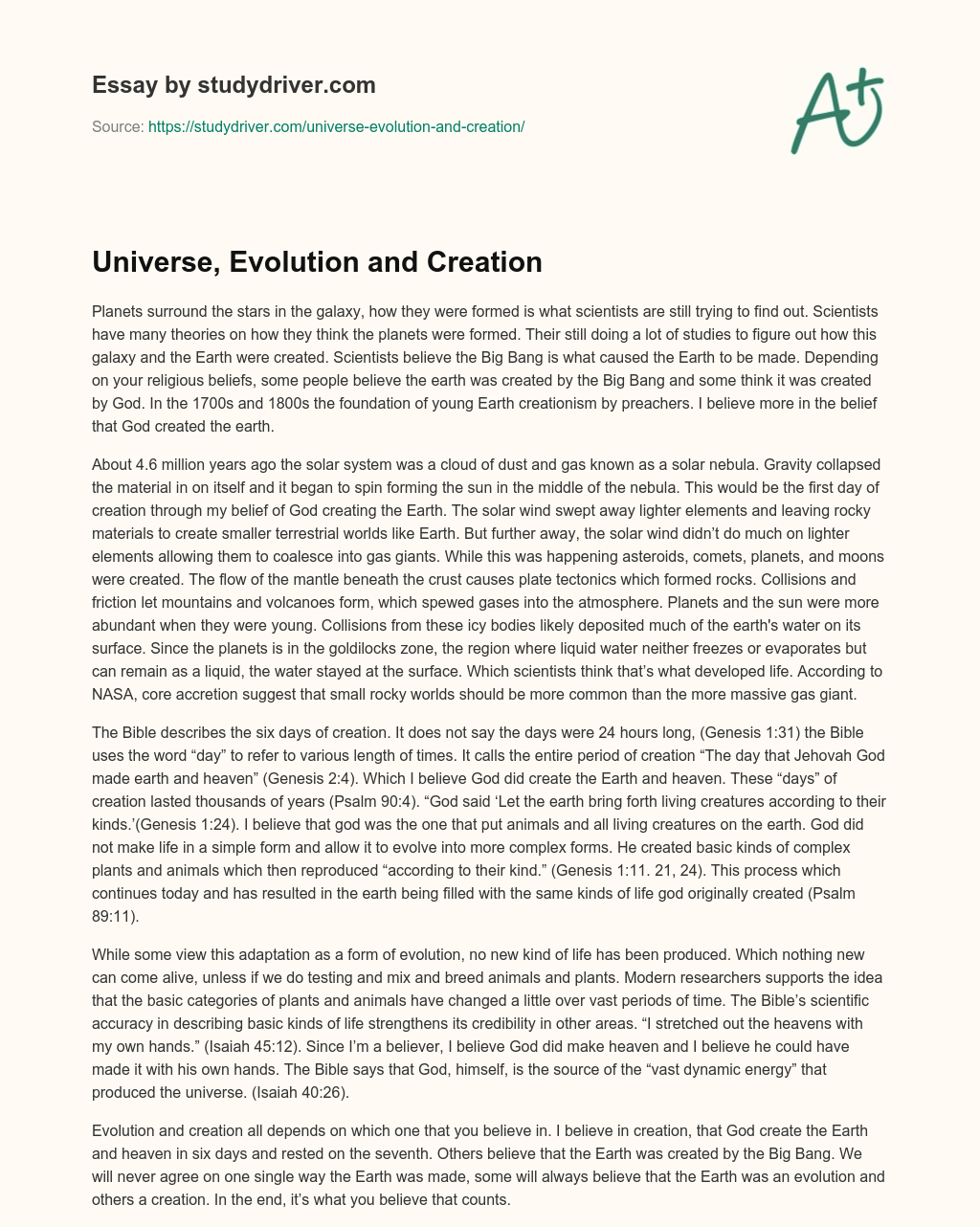 Universe, Evolution and Creation essay