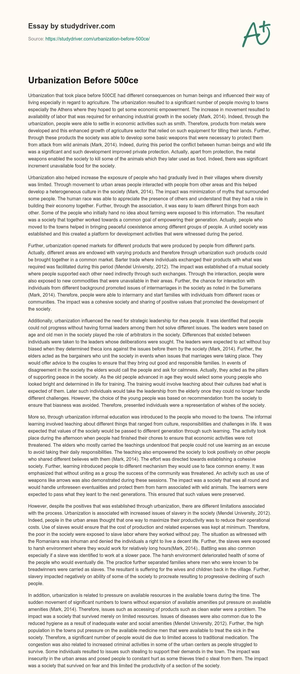 Urbanization before 500ce essay